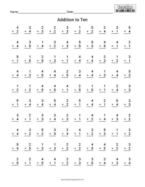 100 Addition Math Facts Worksheets