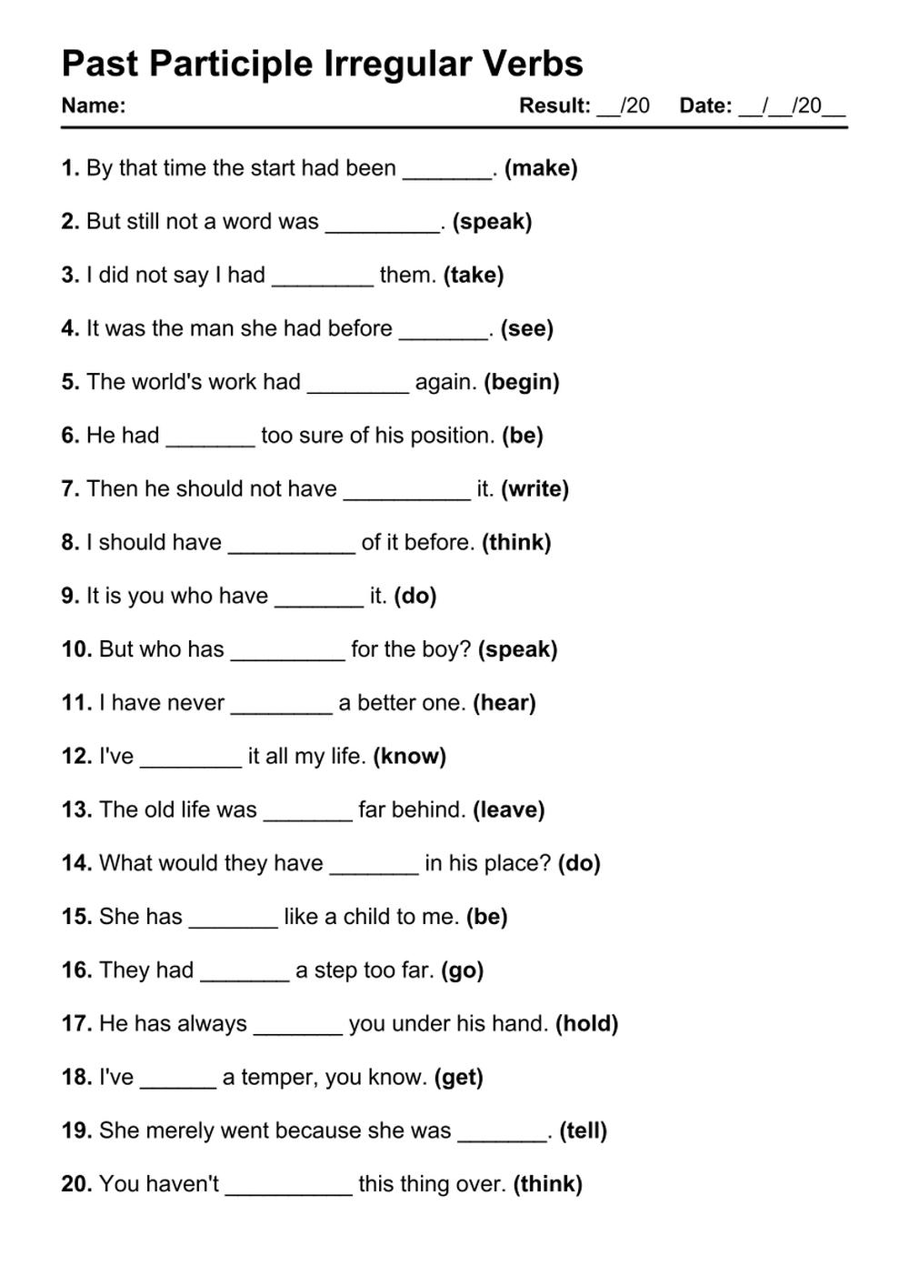 101 Past Participle Irregular PDF Worksheets With Answers Grammarism