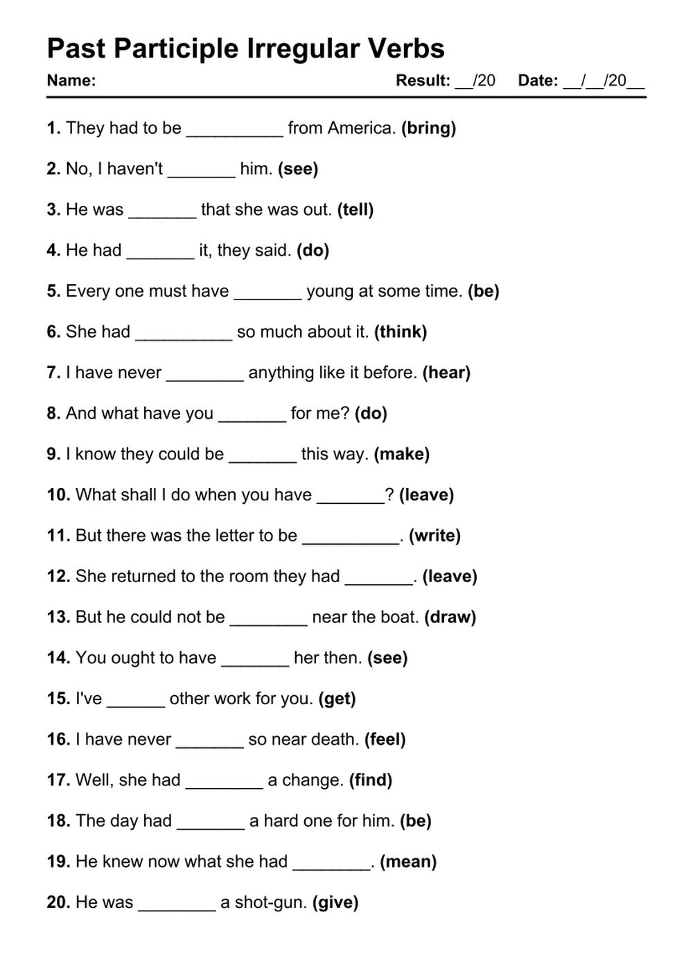101 Past Participle Irregular PDF Worksheets With Answers Grammarism
