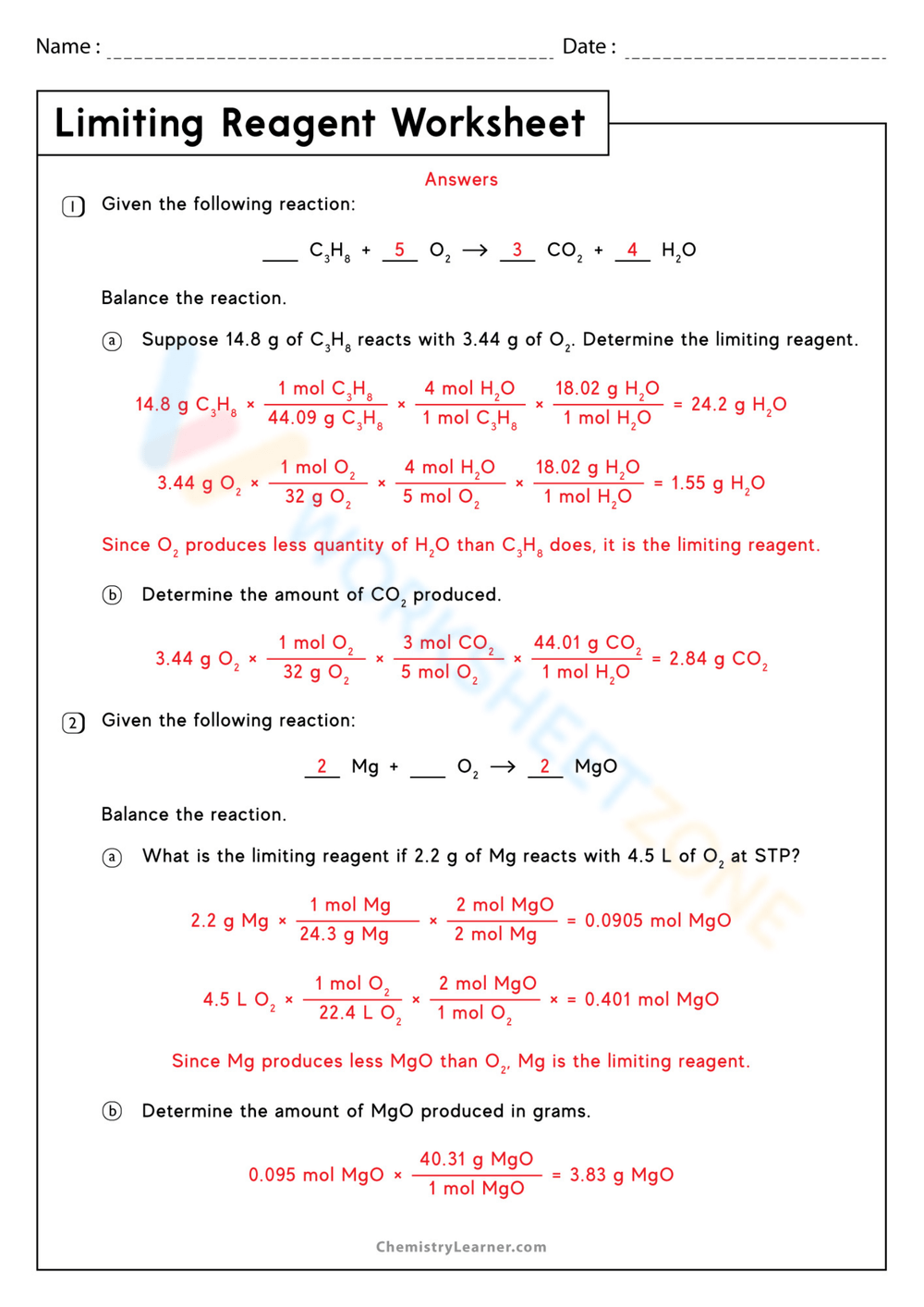 115 Limiting Reactant Key PDF Worksheets Library
