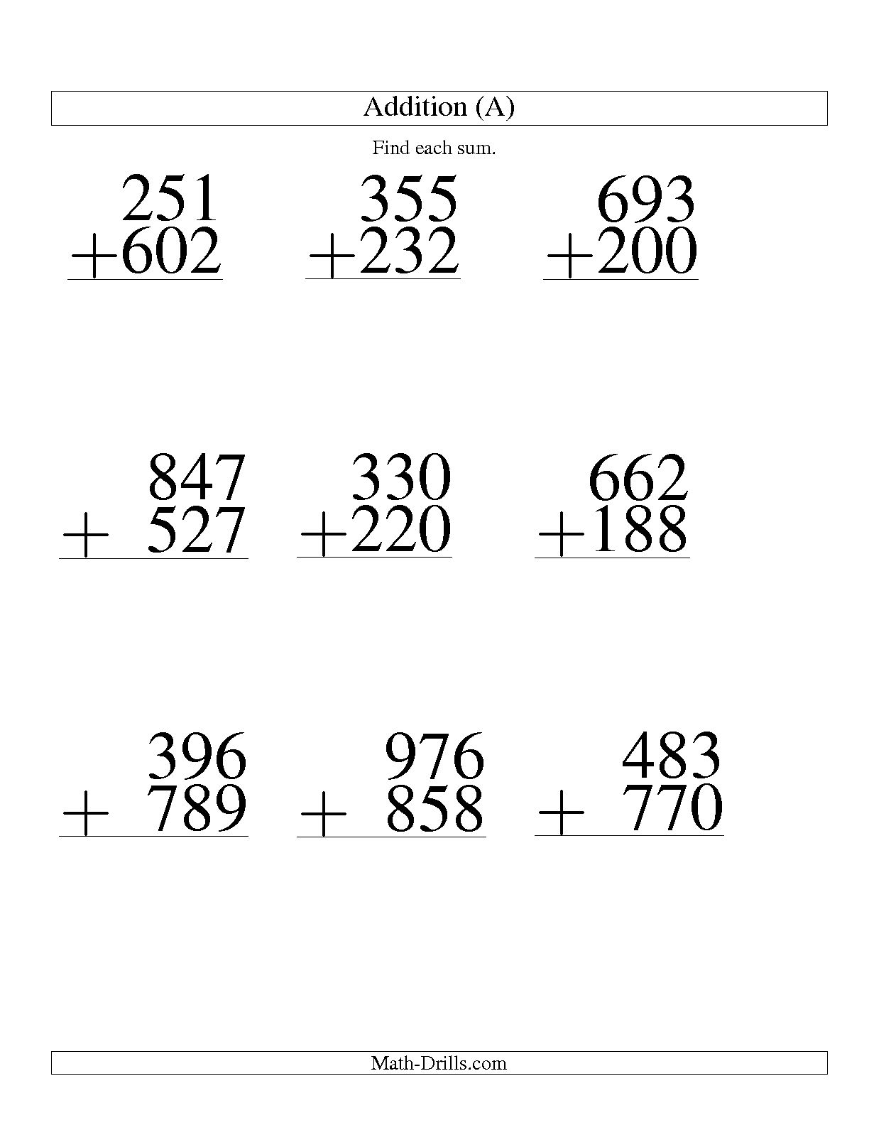 print addition worksheets