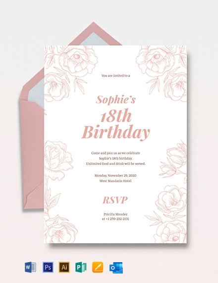18th Birthday Invitation Template Download In Word Illustrator PSD 