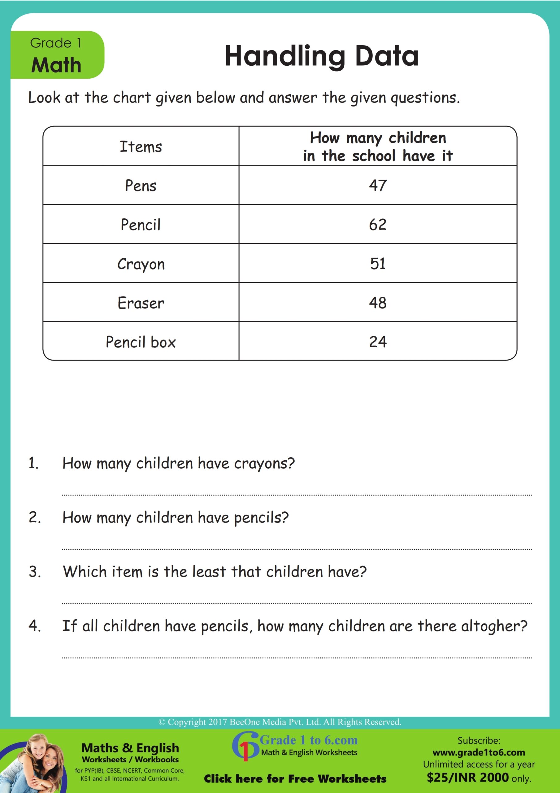 1st Grade Data Handling Worksheets Grade1to6 Worksheets Library
