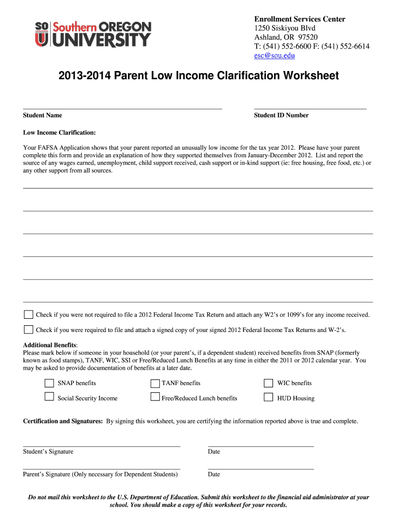 2013 2014 Parent Low Income Clarification Worksheet Sou Fill Out
