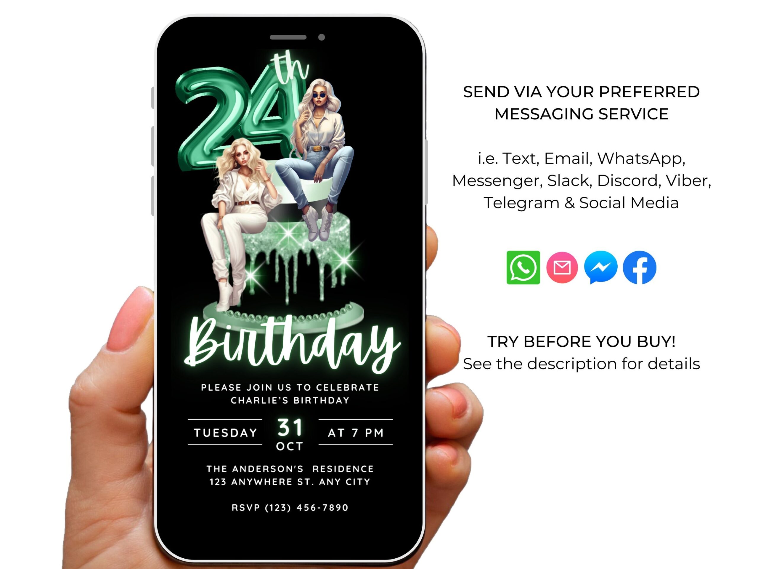 24th Birthday Invitation Template Green 24th Birthday Invite Etsy