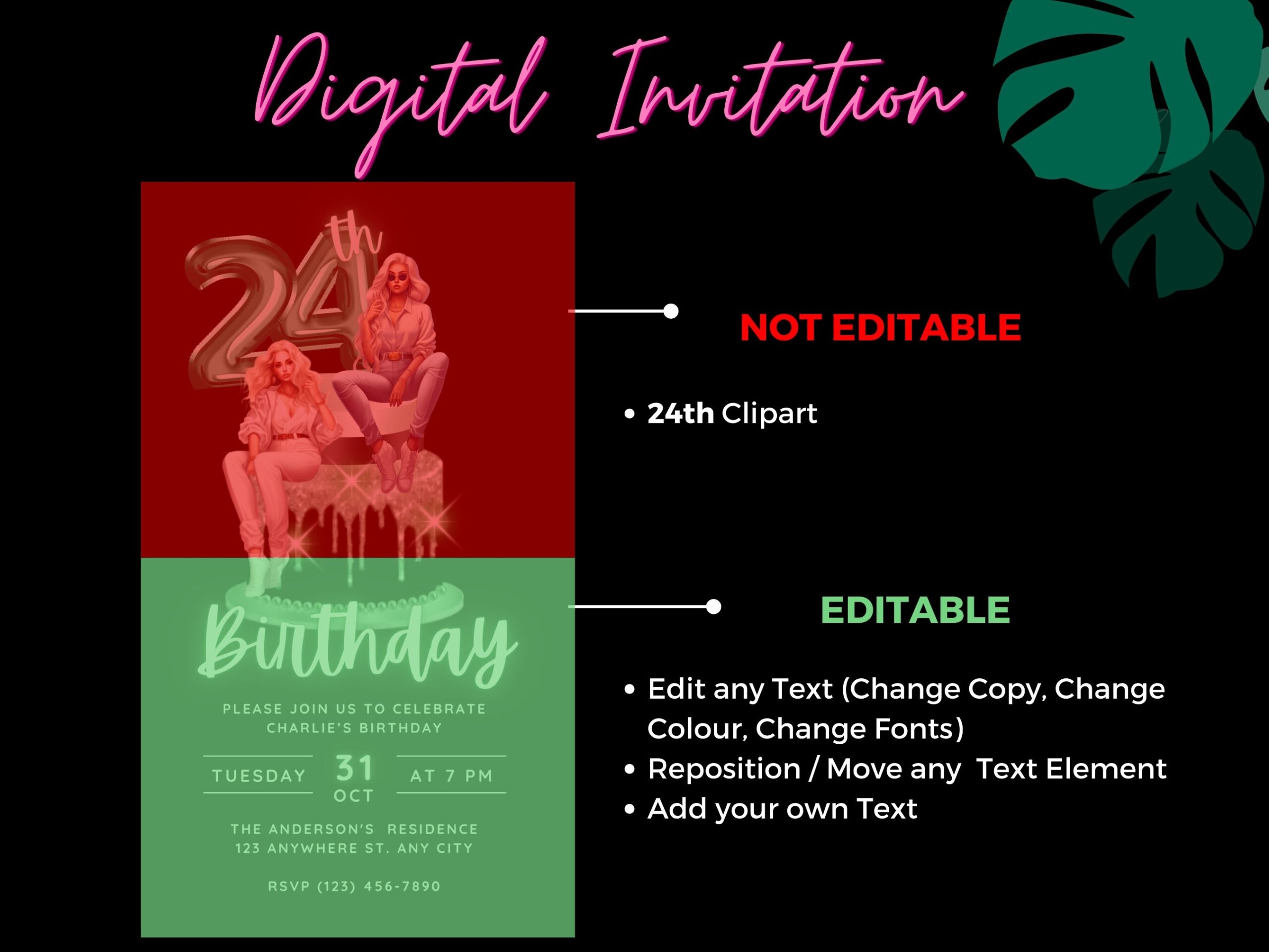 24th Birthday Invitation Template Green 24th Birthday Invite Etsy