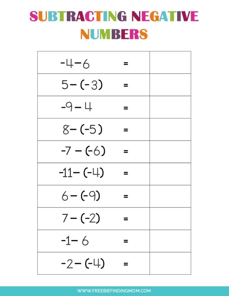 negative numbers worksheet