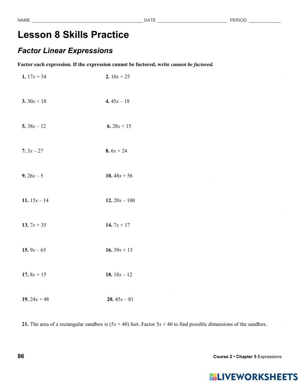 factoring expressions worksheet