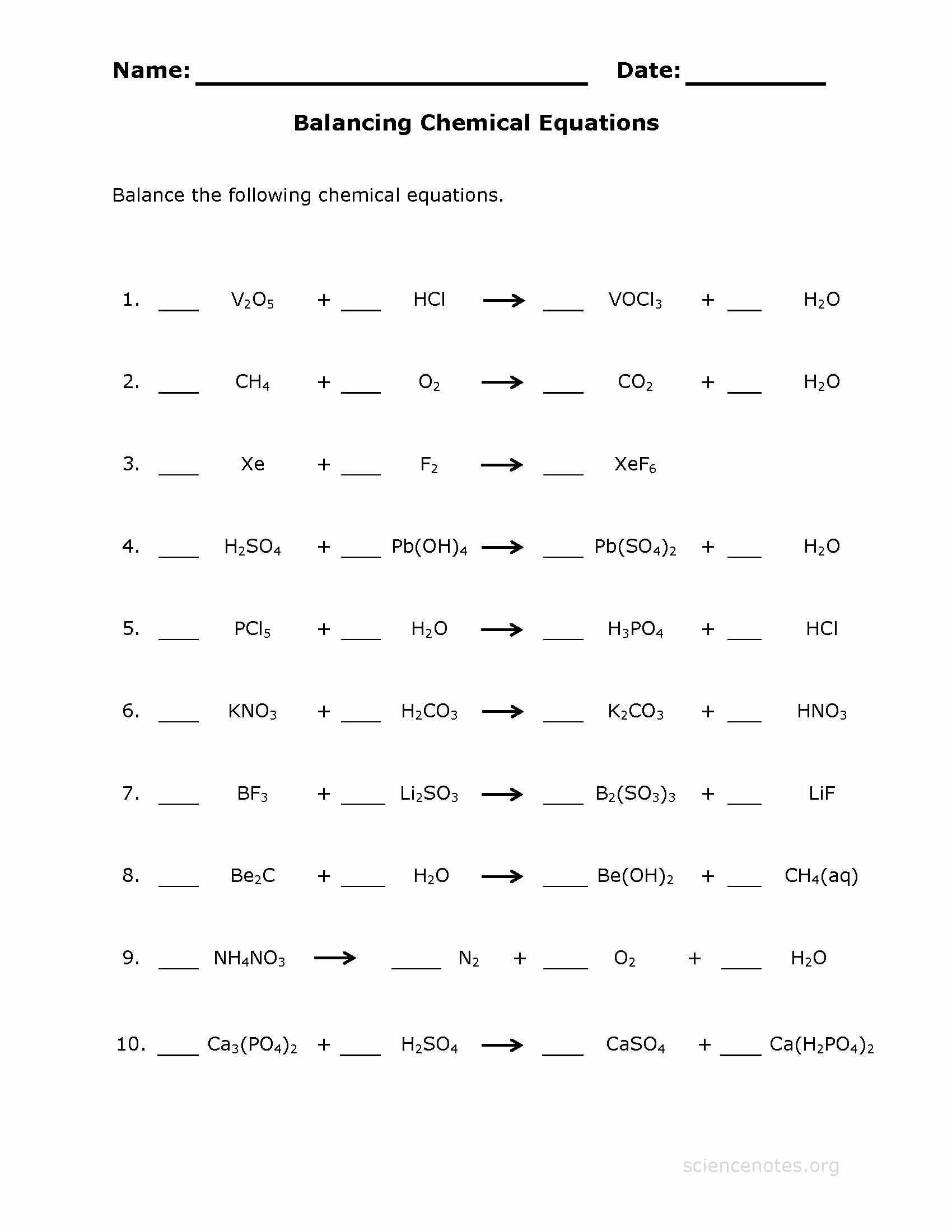 balancing equations worksheet about chemistry answers