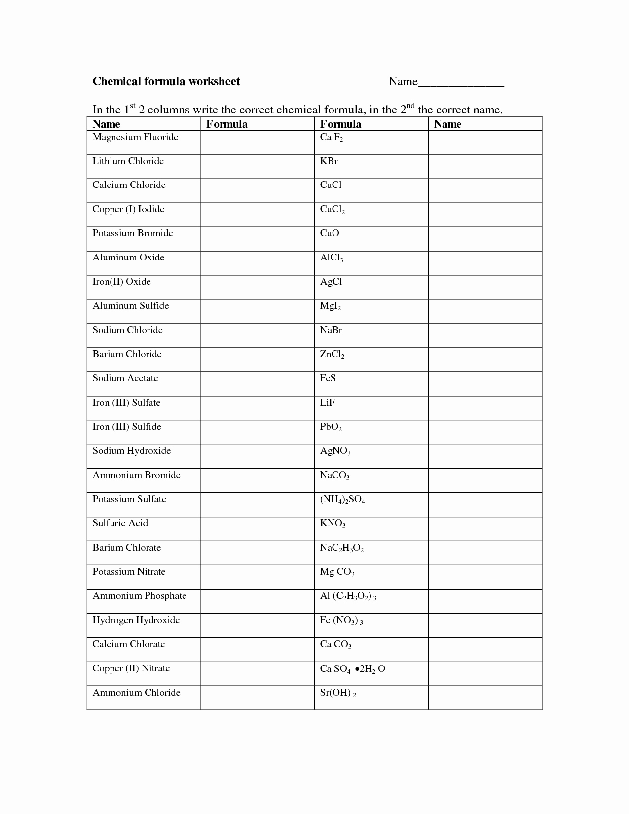 50 Chemical Formula Worksheet Answers