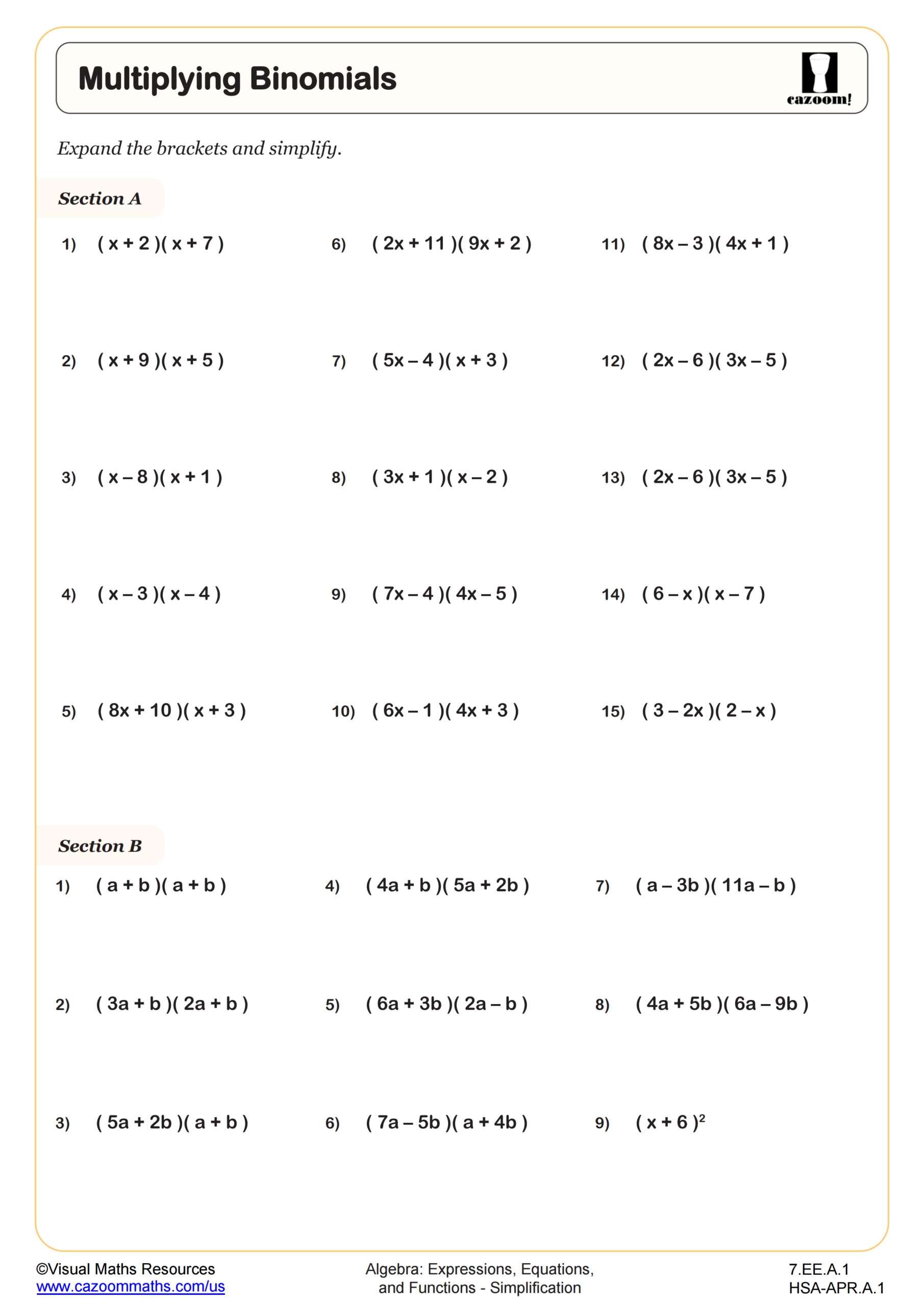 7th grade algebra worksheets