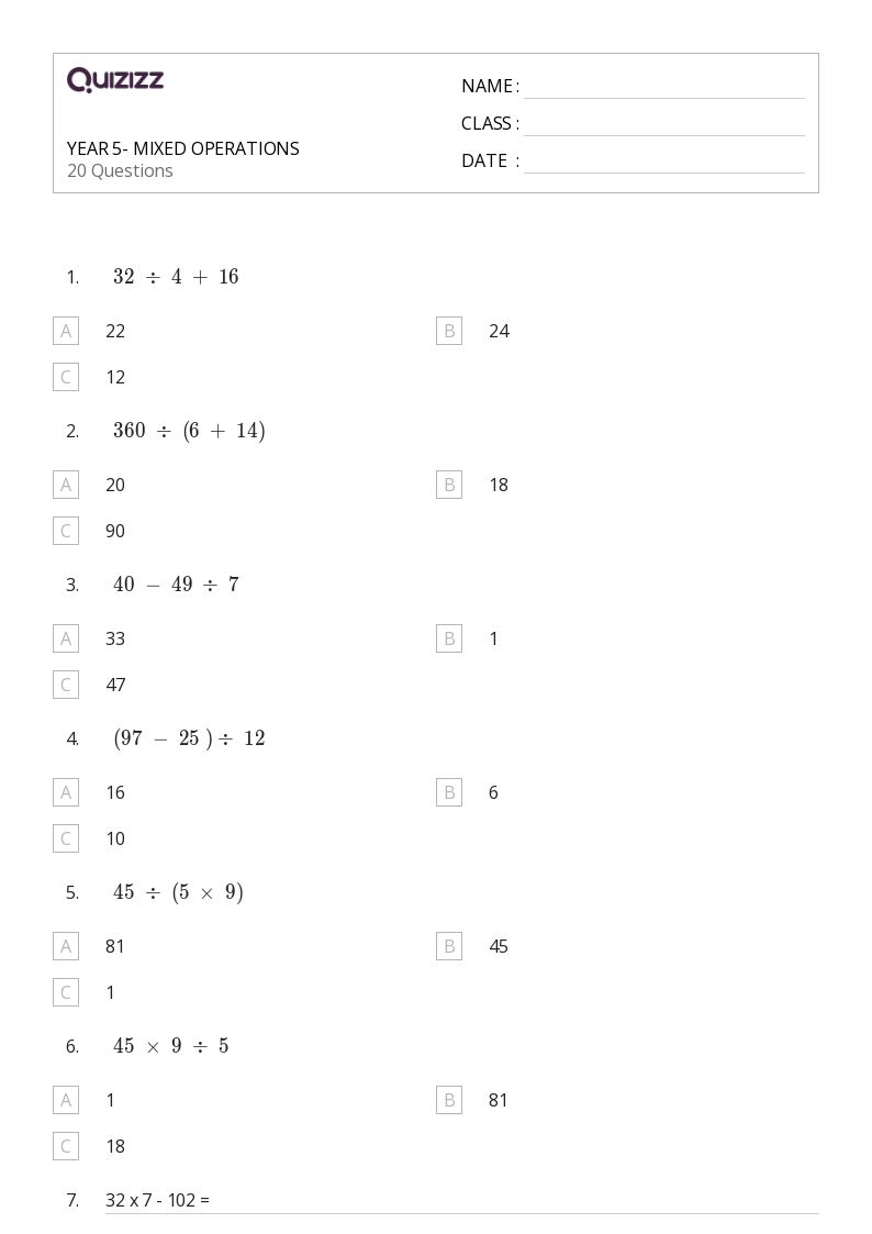 50 Mixed Operations Worksheets For 5th Year On Quizizz Free 