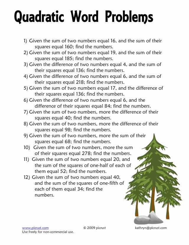 quadratic word problems worksheet