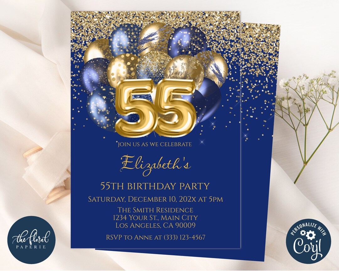 55th Birthday Invitation Template Navy Blue And Gold Birthday 