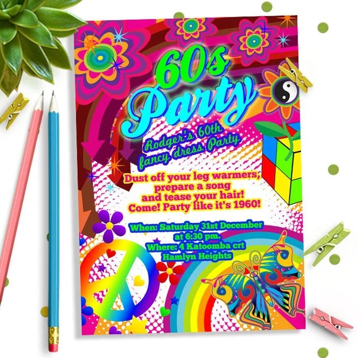 60s Birthday Party Invitation Retro 60s Theme Party Invite
