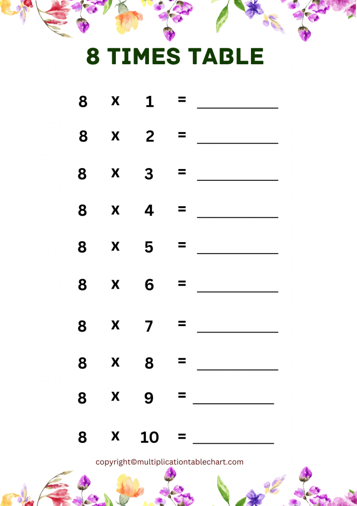 8 Times Table Worksheet 8 Multiplication Table Free PDF