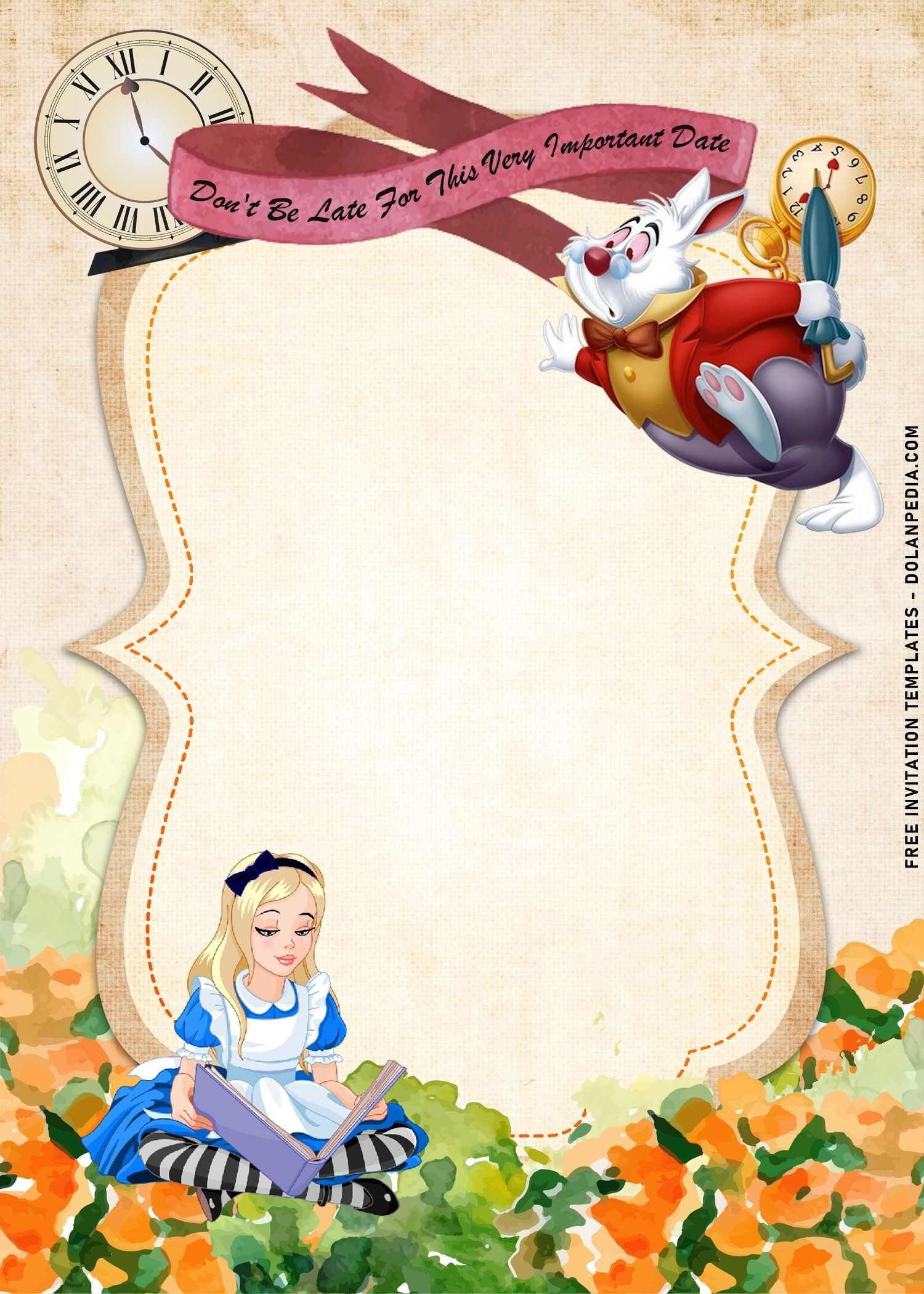 8 Watercolor Alice In Wonderland Birthday Invitation Templates I 