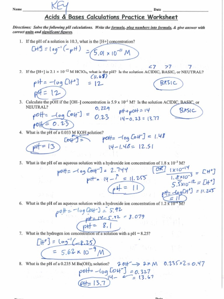 Acids And Bases Calculations Practice Worksheet KEY PDF PDF 