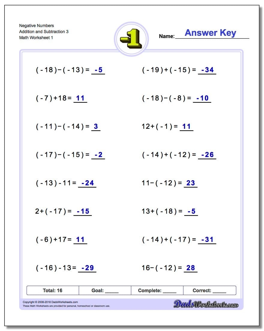 addition and subtraction negative numbers worksheets
