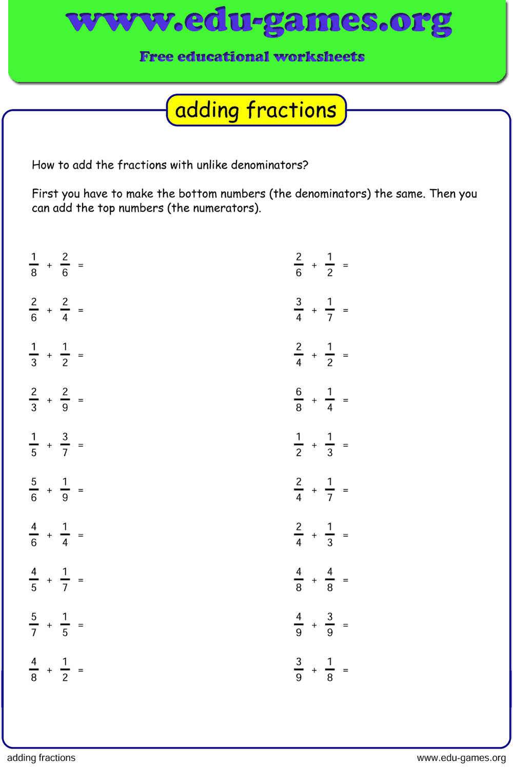 Adding Fractions With Like Denominators Exercise Live Worksheets 