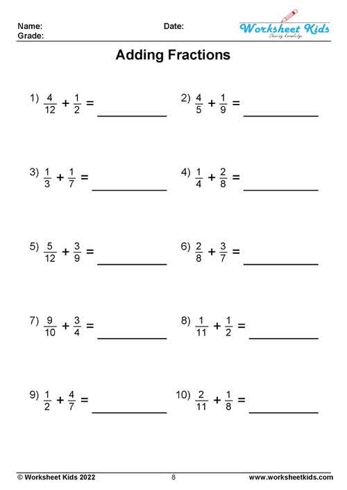 adding fractions with like and unlike denominators worksheets