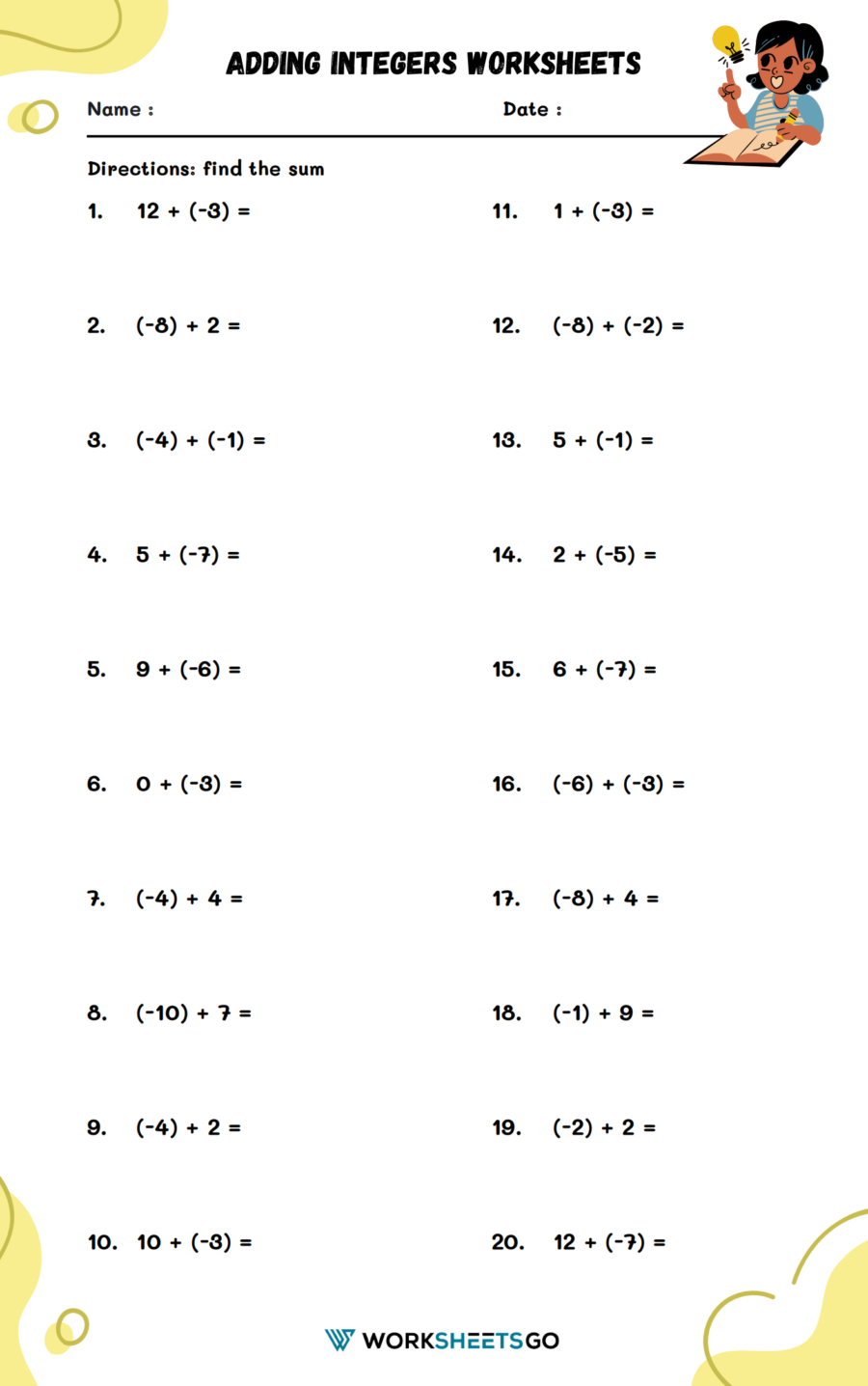 Adding Integers Worksheets WorksheetsGO