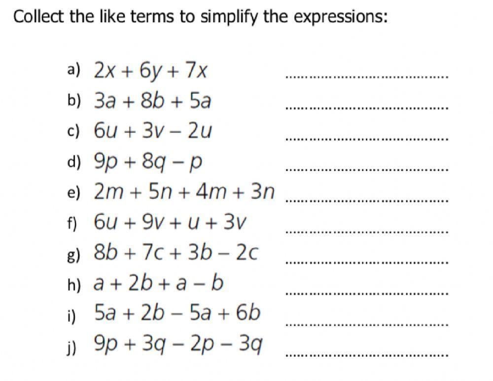algebraic expressions worksheet