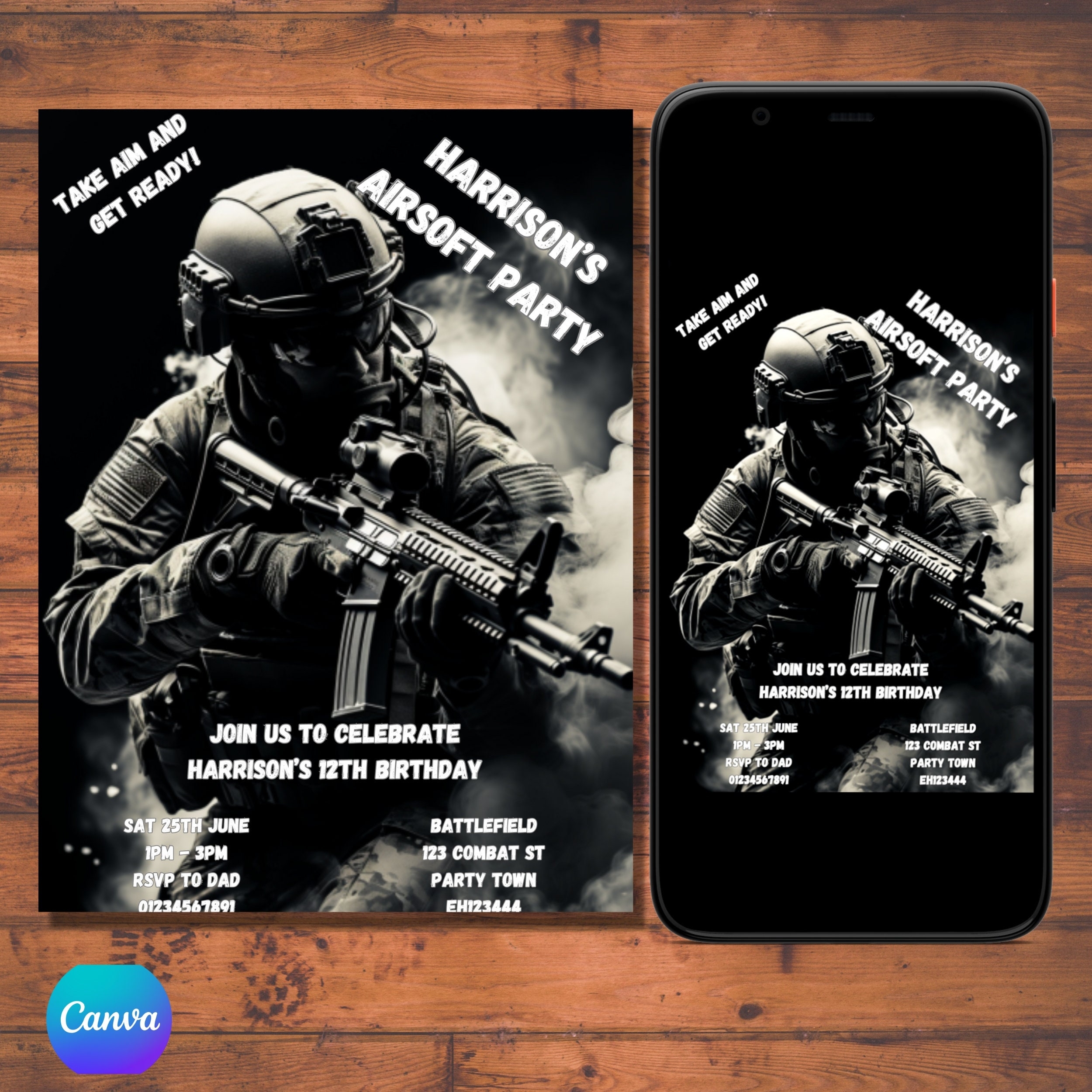 Airsoft Invitation Airsoft Birthday Invitation Airsoft Party 