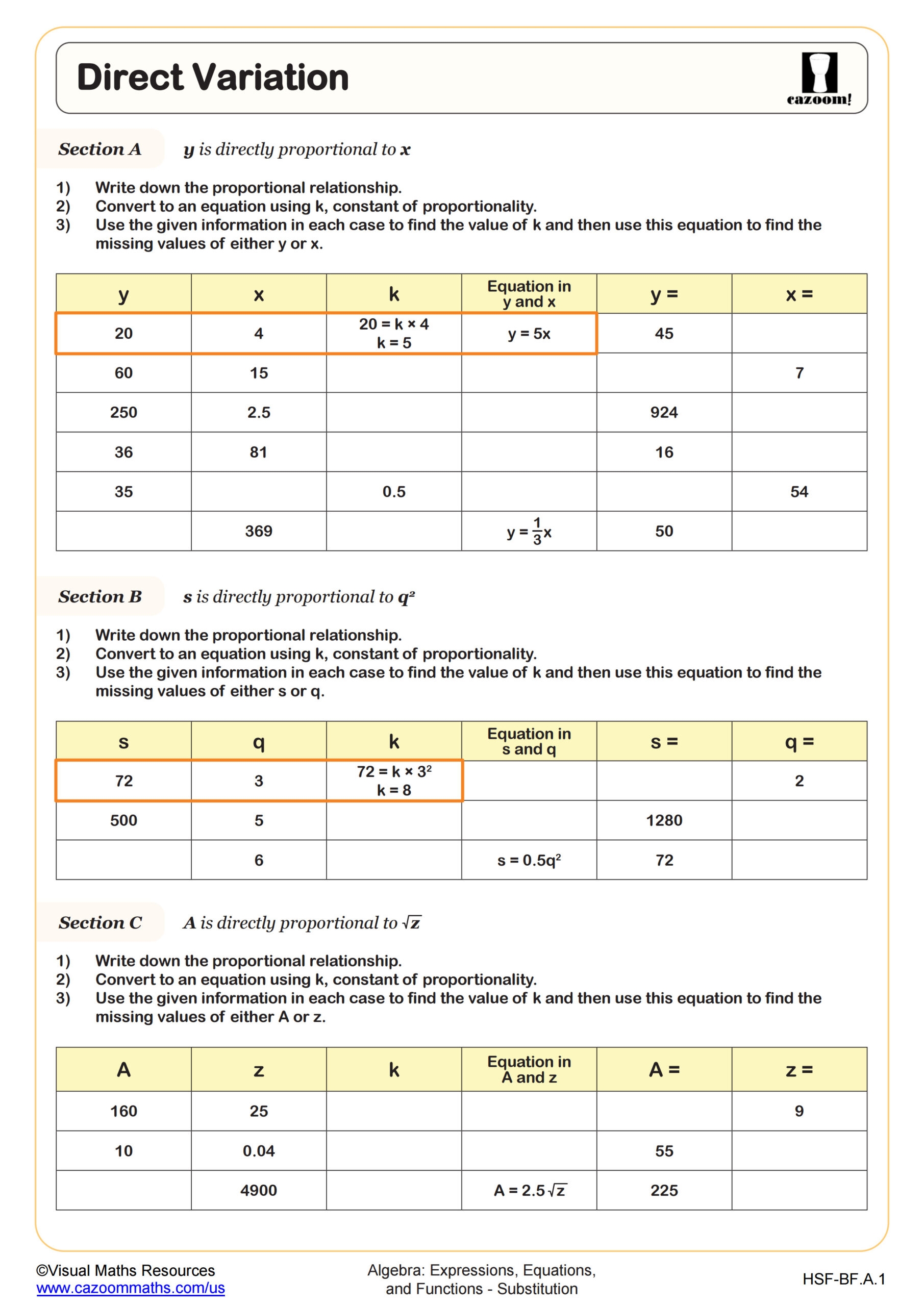 Algebra 2 Lesson 10A Worksheet Direct Inverse And Joint 