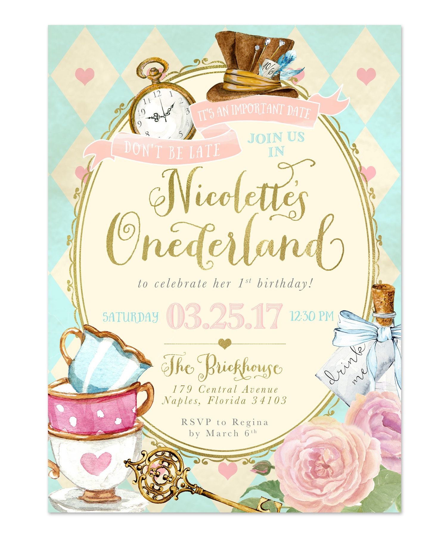 Alice In Onederland Birthday Invitation Template