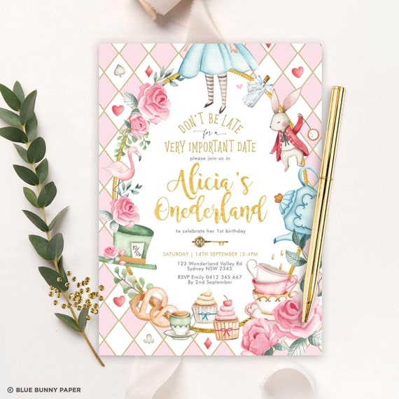 Alice In Wonderland Invitation Template Editable Onederland Girl 1st 