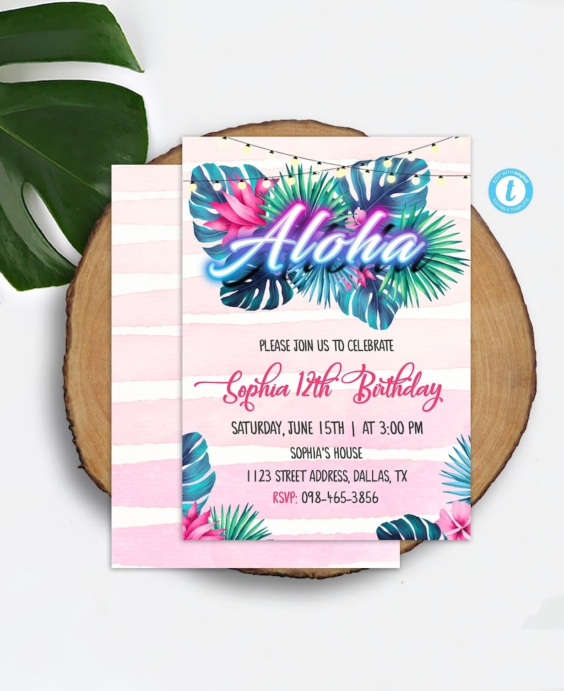 Aloha Birthday Invitation Template Hawaiian Invitation Neon Etsy
