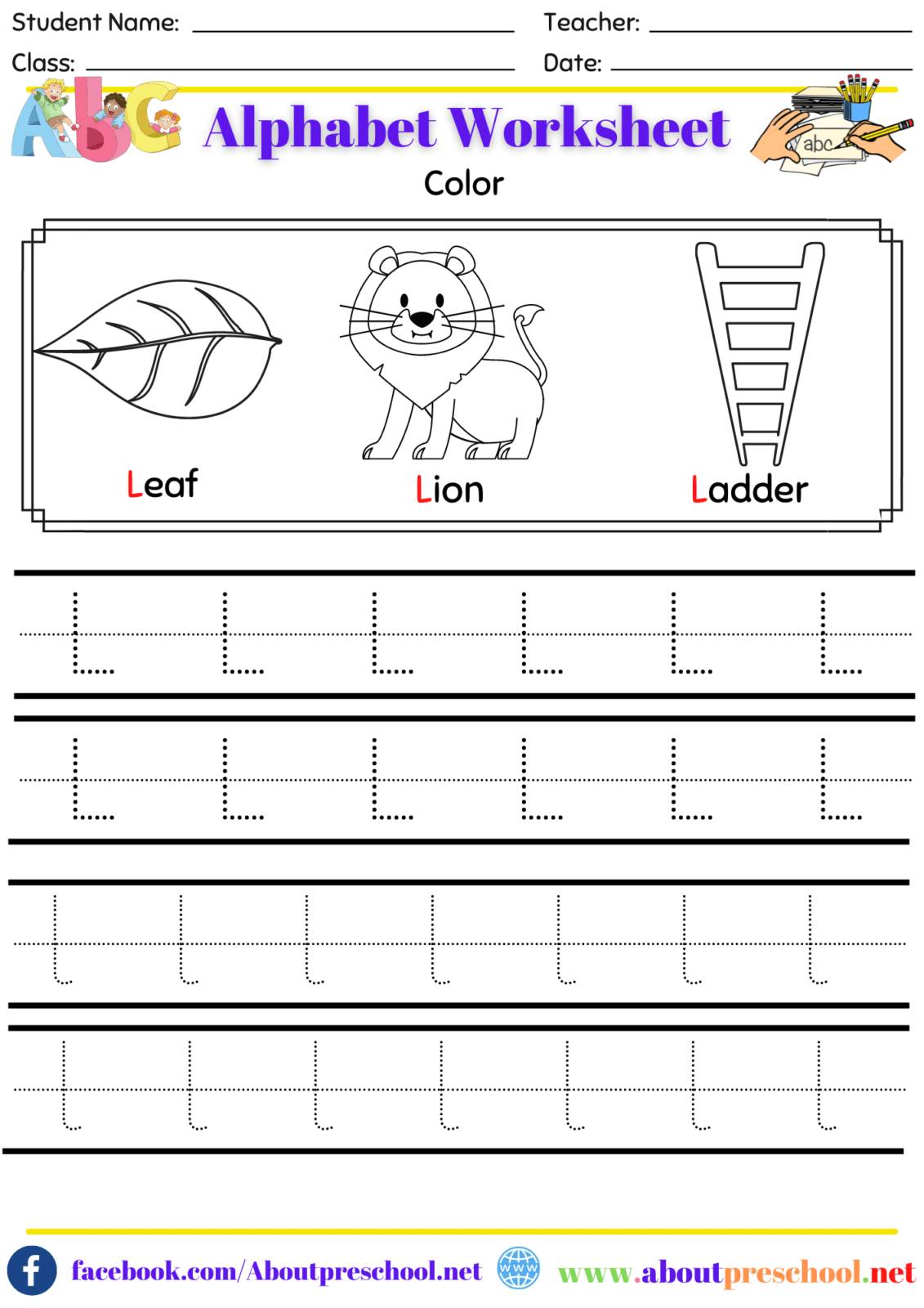 Alphabet Color And Trace Worksheet L About Preschool