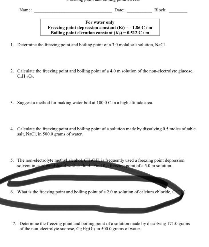 ANSWERED Name Date Block For Water Only Freezing Point Depression