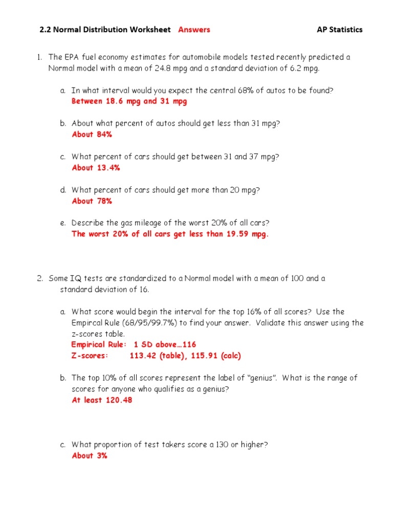 AP Statistics Normal Distribution Worksheet Answers PDF Fuel