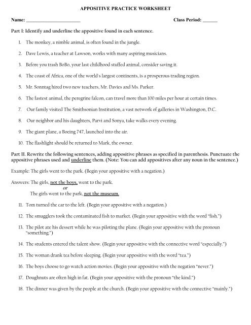 appositive worksheet