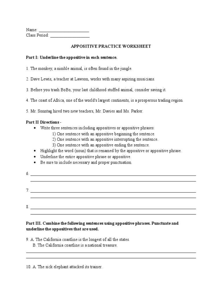 Appositive Worksheet PDF Worksheets Library
