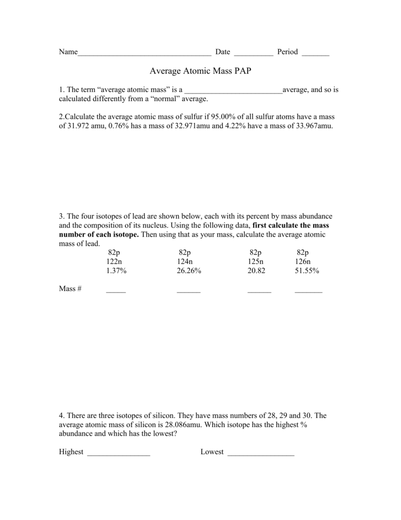 average atomic mass worksheet