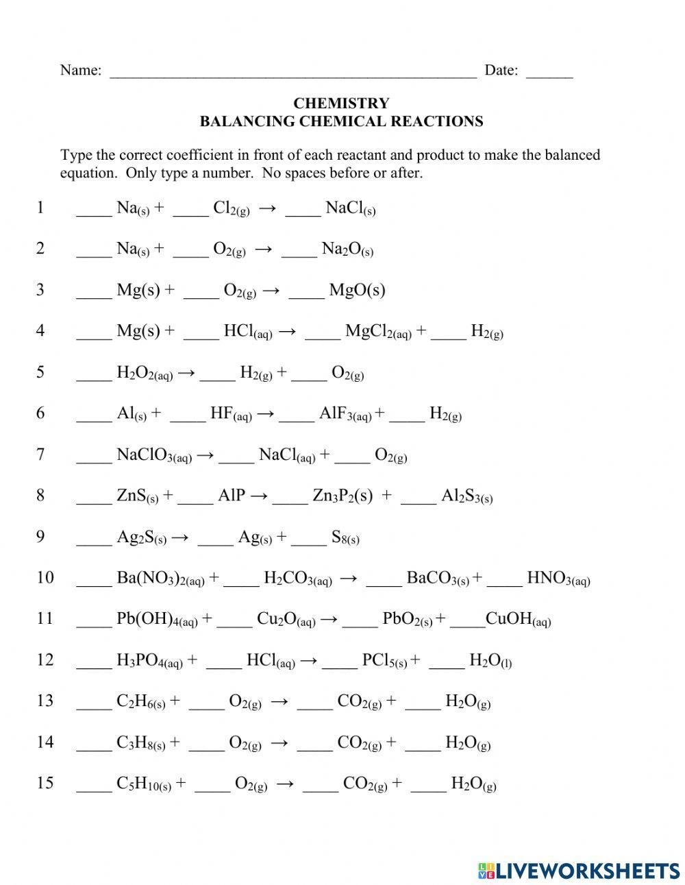 balancing equations in chemistry worksheet