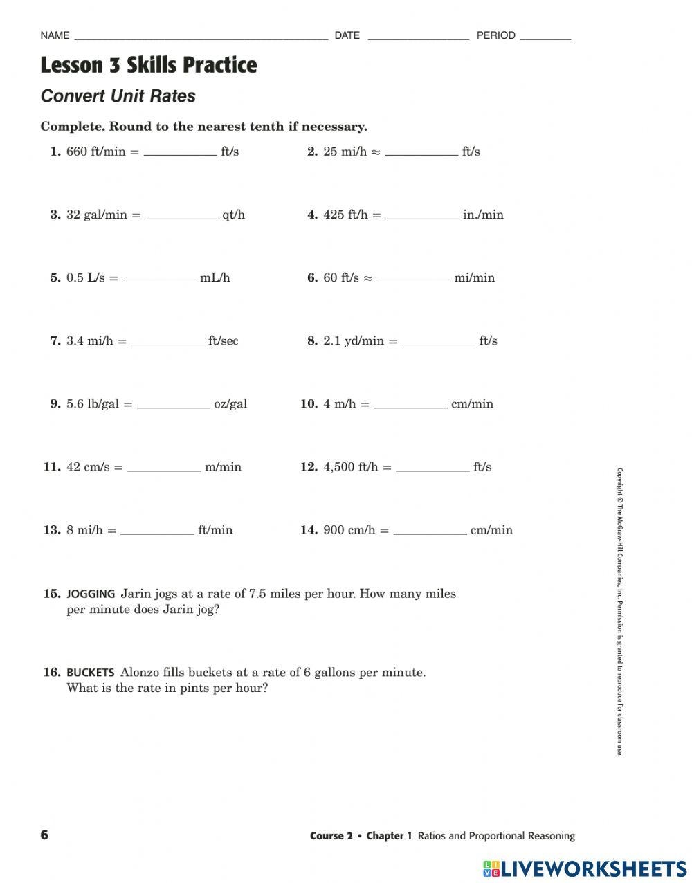 Basic Skills Unit Rates Worksheet For 7th 9th Grade Lesson Planet