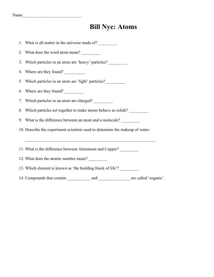 bill nye atoms and molecules worksheet