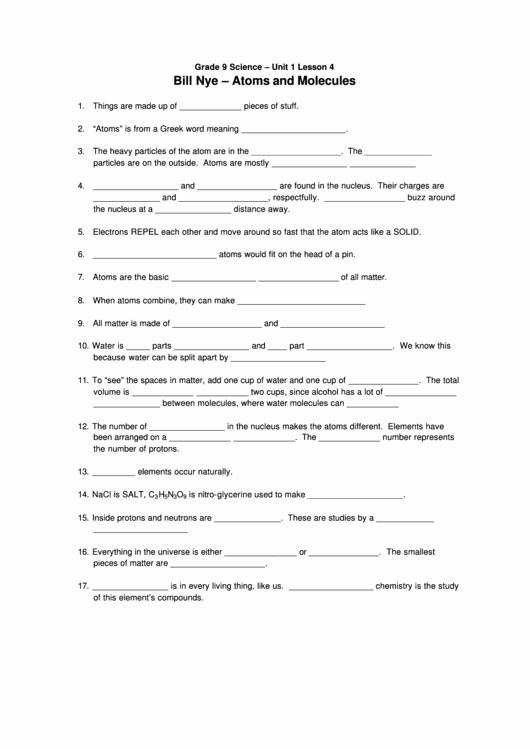 Bill Nye Atoms Worksheet Inspirational Bill Nye Atoms And Molecules