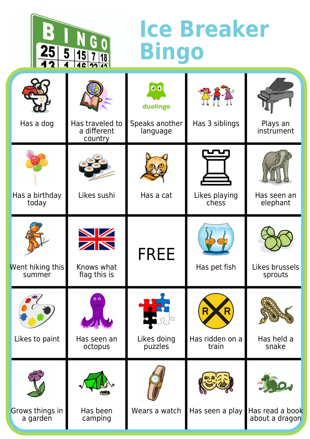 BINGO Board Called 39 Ice Breaker BINGO 39 With Traits And Characters Kids