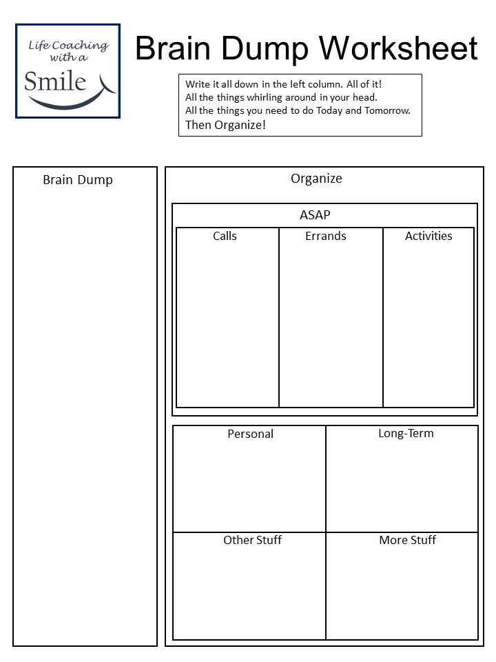 Brain Dump Worksheet Life Coaching With A Smile