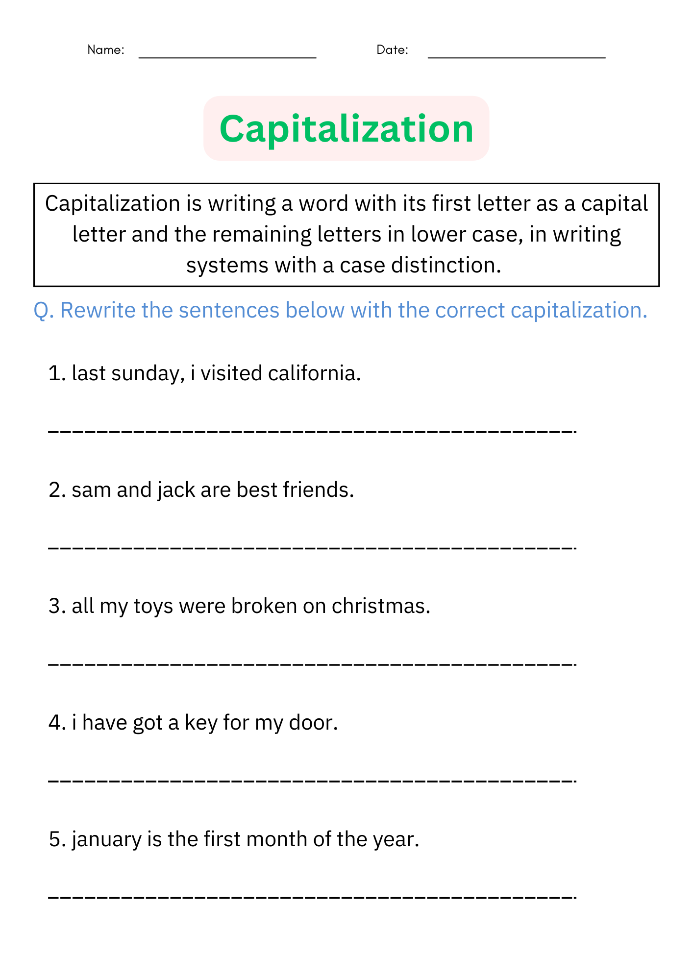 capitalization worksheet