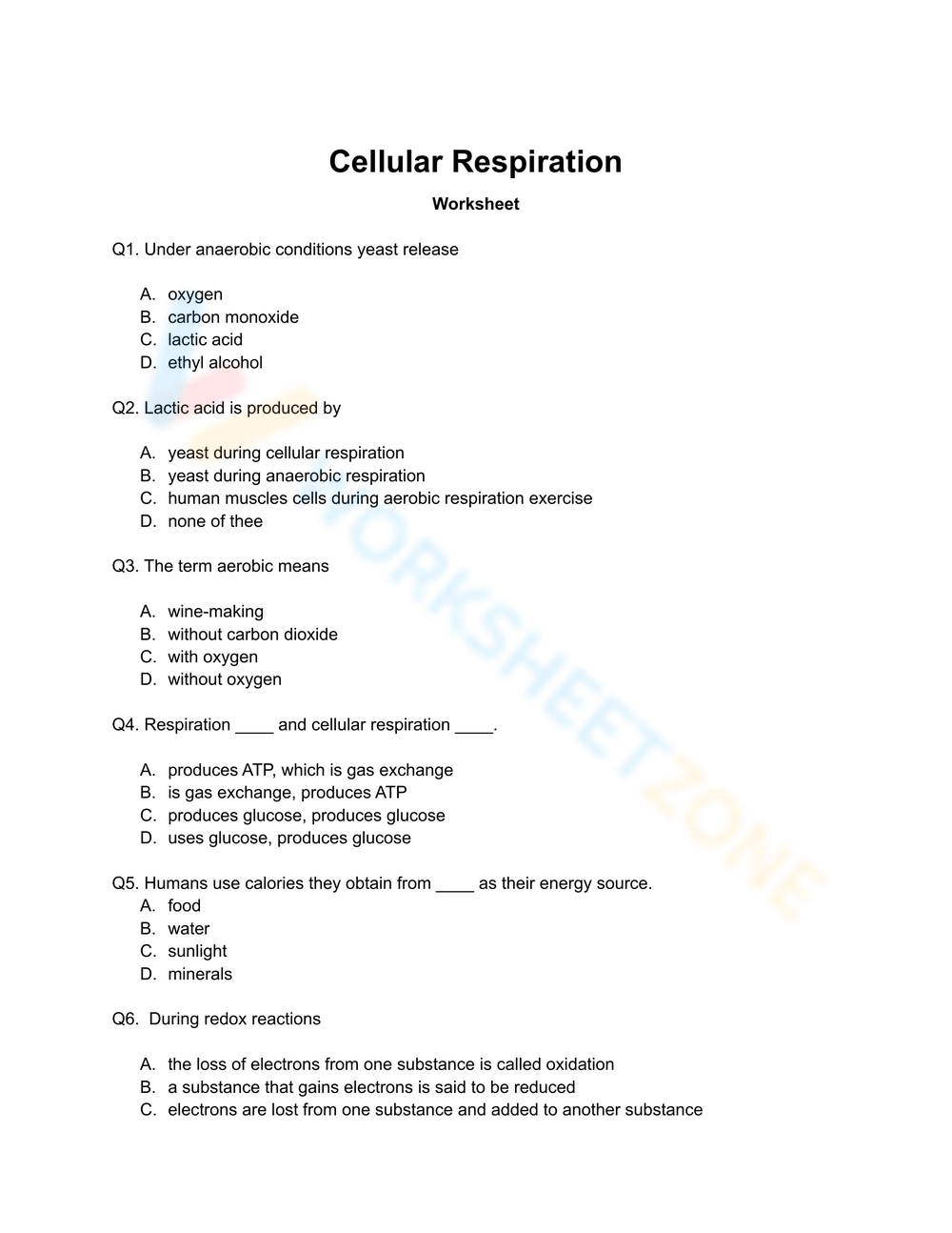 Cellular Respiration Worksheet Worksheets Library