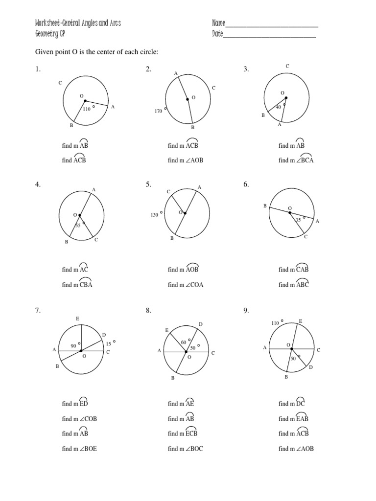 Central And Inscribed Angles And Arcs Worksheet PDF Triangle 