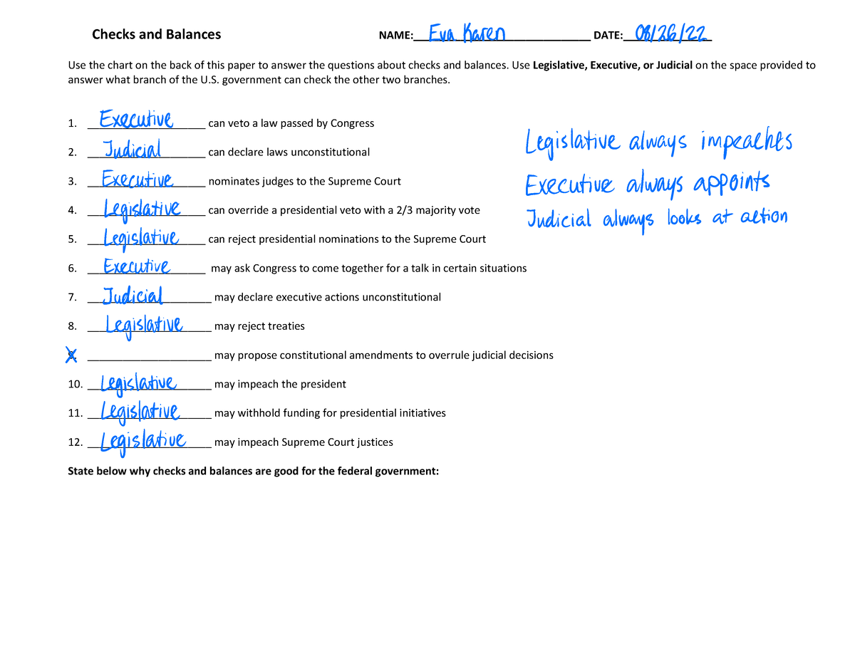 checks and balances worksheet