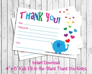 Childrens THANK YOU Note CARDS Digital Printable ELEPHANT 