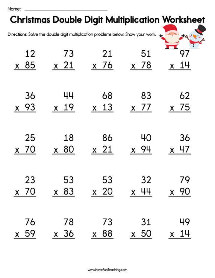 Christmas Double Digit Multiplication Worksheet Have Fun Teaching 